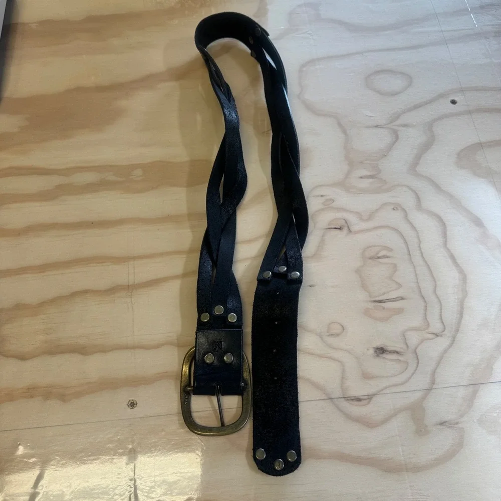 Vintage Style Black Braided‎ Leather Belt Brass Buckle Size Medium Boho Western